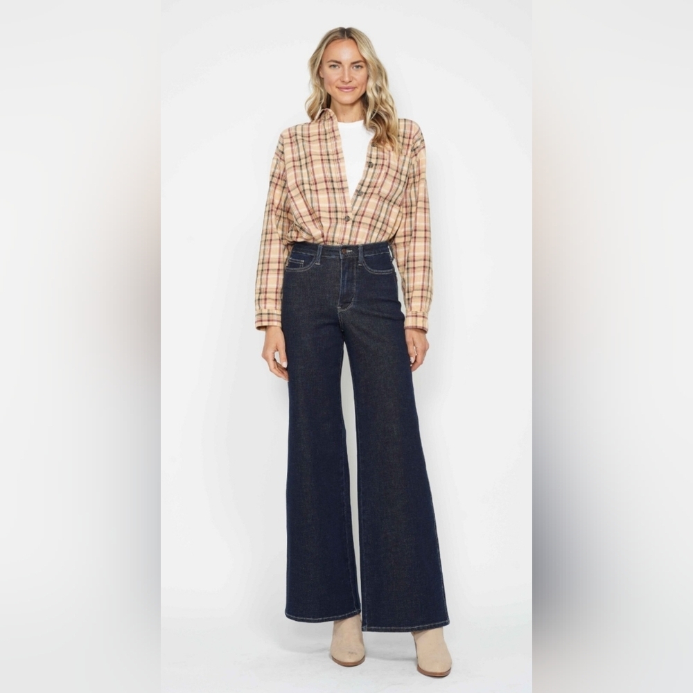 Judy Blue HR Dark Rinse Wash Retro Wide Leg Jeans Embroidered Pockets 13/31 NWT